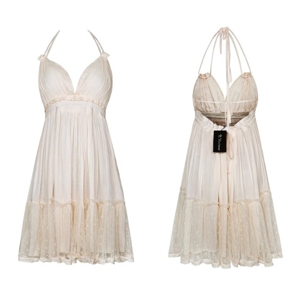 ✨NEW LISTING✨ Womens Summer Halter Deep V Neck Sexy Patchwork Mini Dress - Beige - Picture 5 of 9